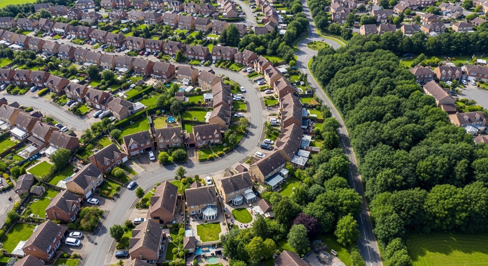 aerial view suburban housing development with green forest